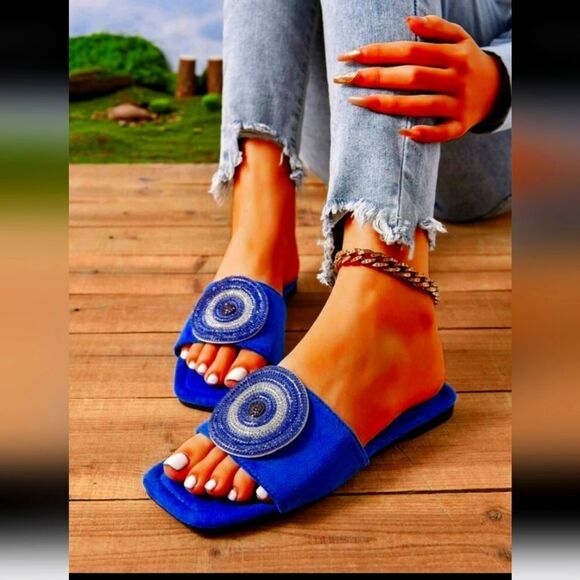 Blue Beaded Women's Slide Sandals - Picture 1 of 3
